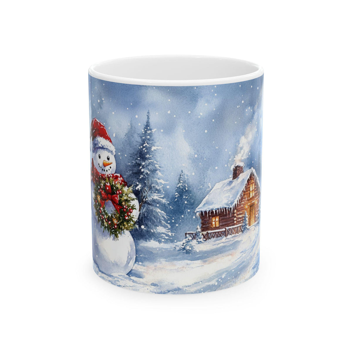 Snowman with Wreath Winter Cabin Mug | Christmas Snow Scene Mug 11 oz