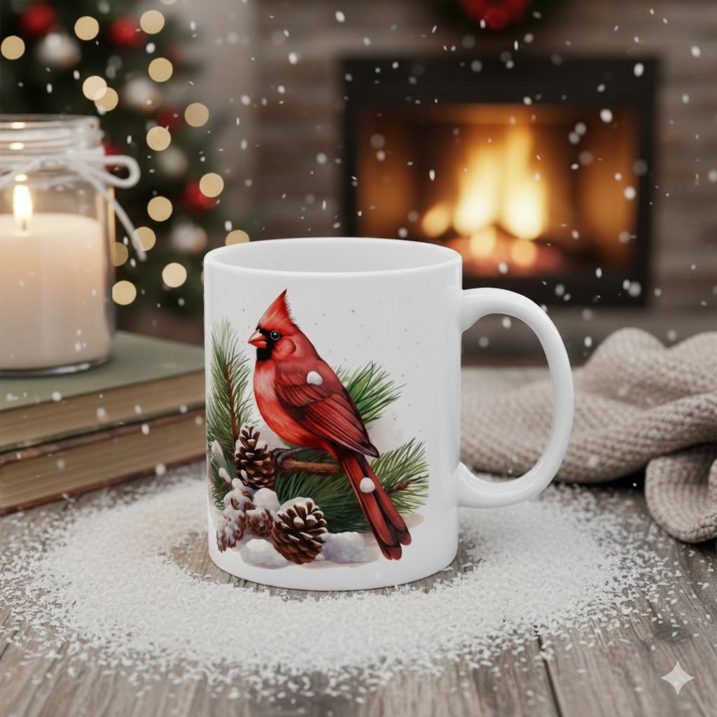 Cardinal Pine Branch Mug  Winter Bird Holiday Ceramic Mug 11 oz