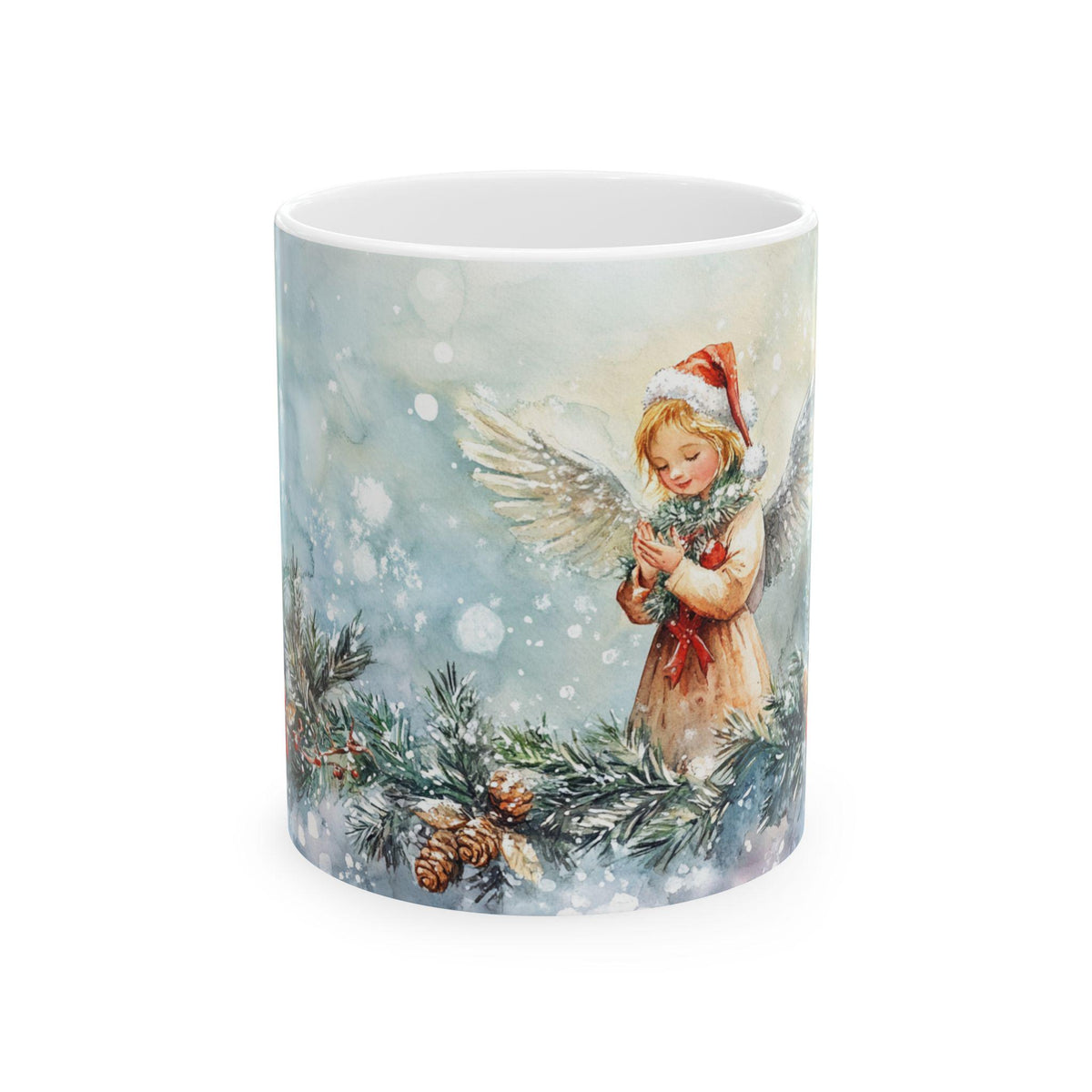 Vintage Christmas Angel Illustration Mug | Snowy Pinecone Holiday Scene 11 oz