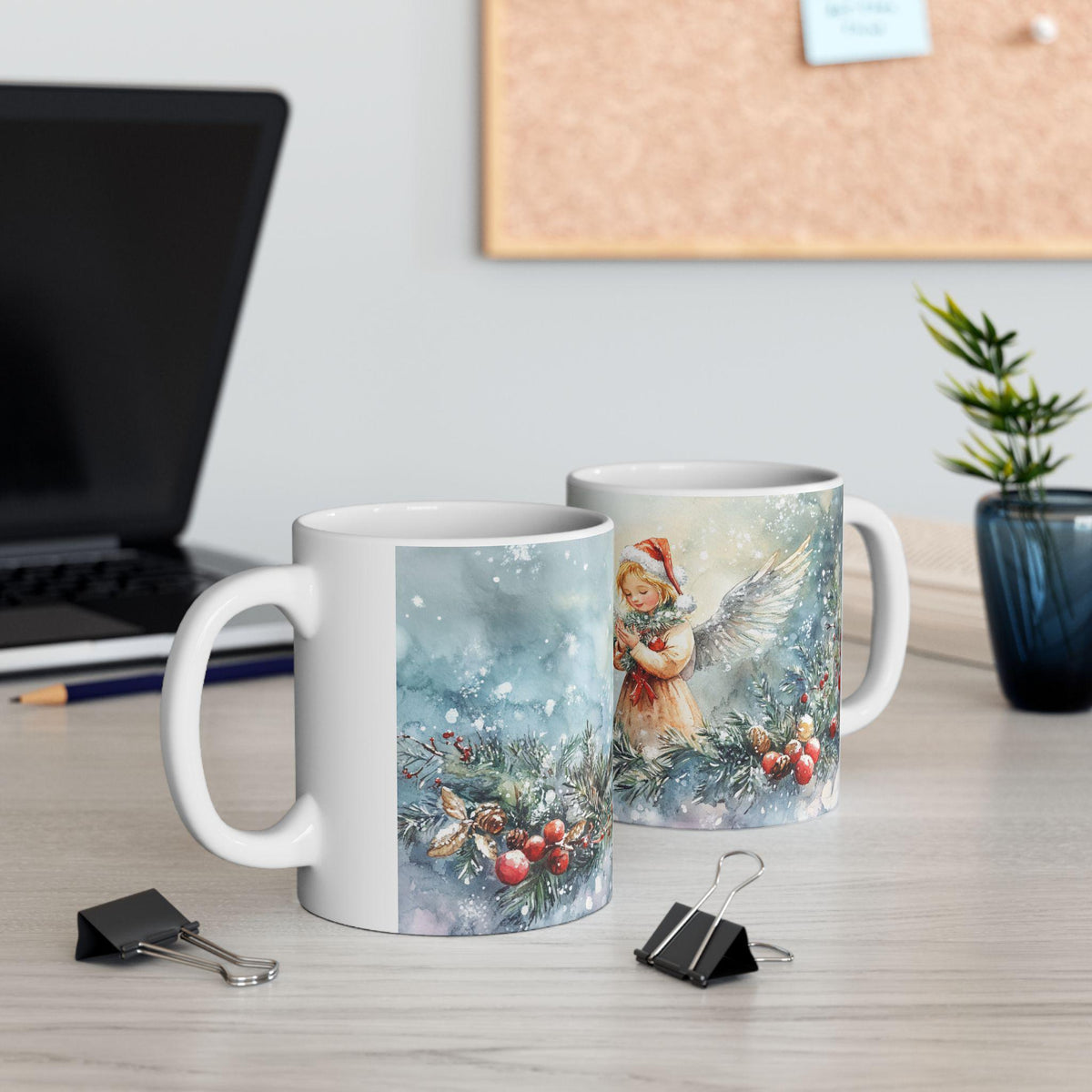 Vintage Christmas Angel Illustration Mug | Snowy Pinecone Holiday Scene 11 oz