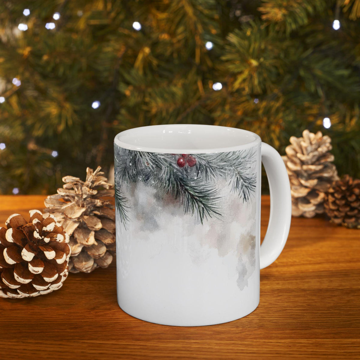 Pine Branch with Pinecone and Berries Mug | Ceramic Coffee Tea Mug