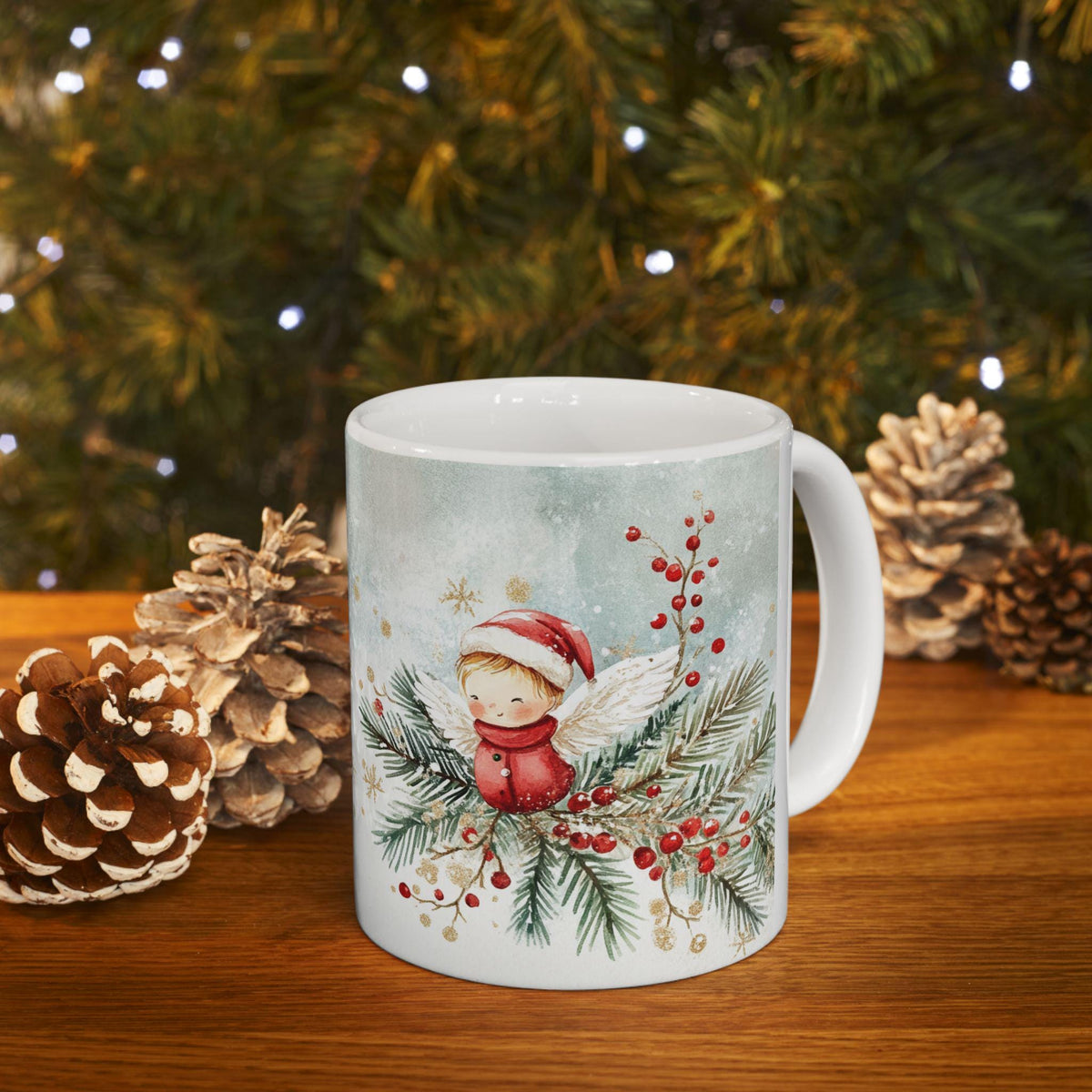 Woodland Baby Santa with Pine Branches Mug | Christmas holiday mug 11 oz