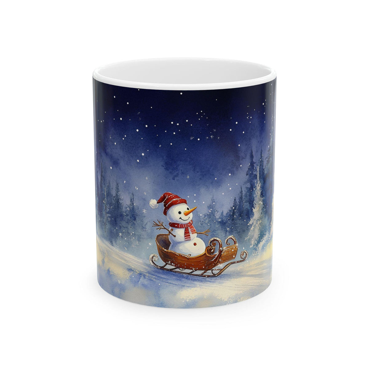 Snowman on Sled Winter Night Mug | Christmas Ceramic Coffee Cup