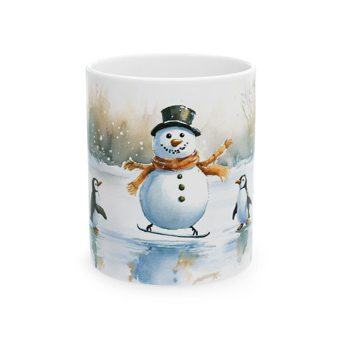 Snowman Ice Skating with Penguins Mug | Ceramic Coffee Cup 11 oz