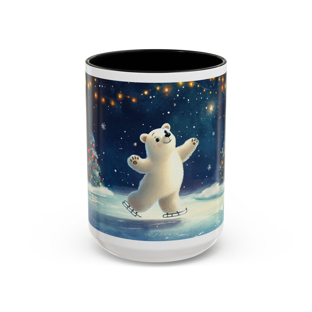 Ice Skating Polar Bear Mug | Holiday Winter Night Scene, 15 oz