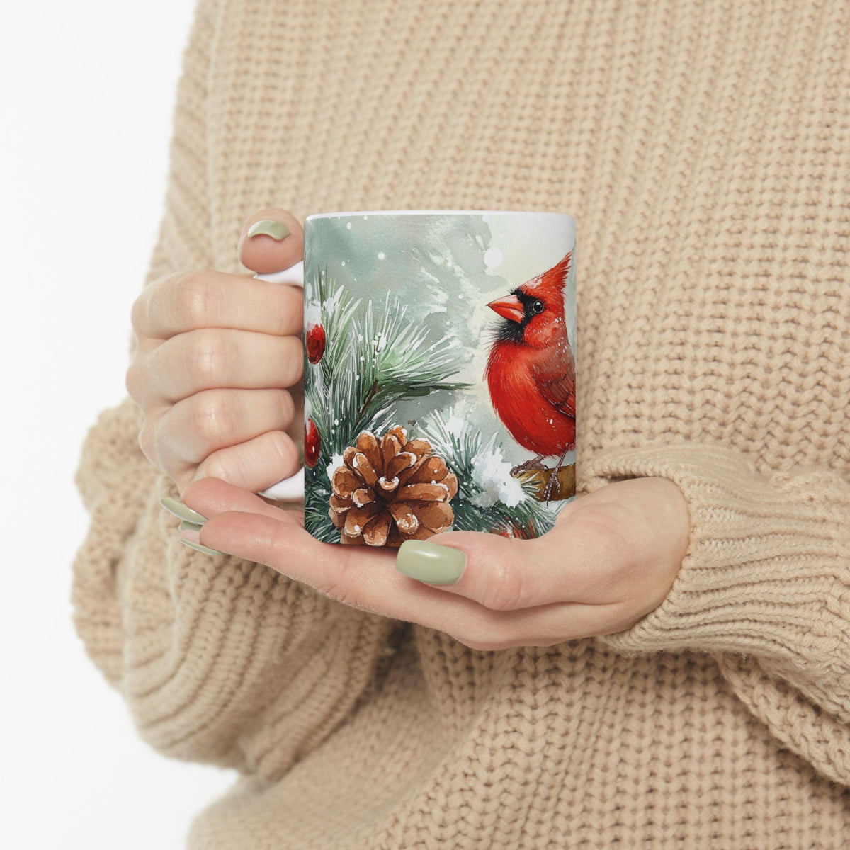 Red Cardinal on Snowy Pine Mug | Winter Bird Illustration 11 oz Holiday Mug