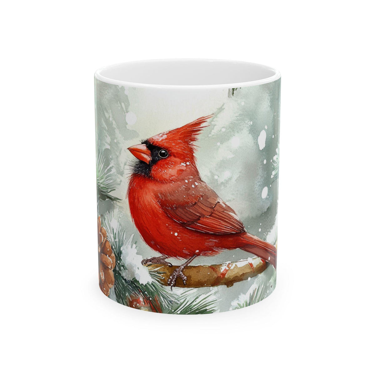 Red Cardinal on Snowy Pine Mug | Winter Bird Illustration 11 oz Holiday Mug