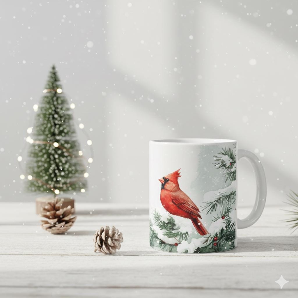 Red Cardinal on Snowy Pine Mug | Winter Bird Ceramic Mug 11 oz