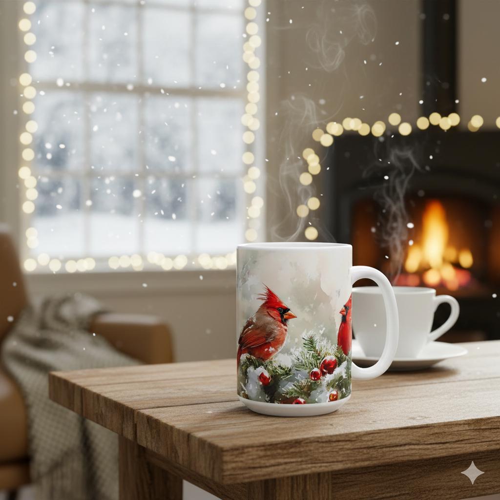 Winter Cardinal Ceramic Coffee Mug, Holiday Bird Lover Gift 15 oz