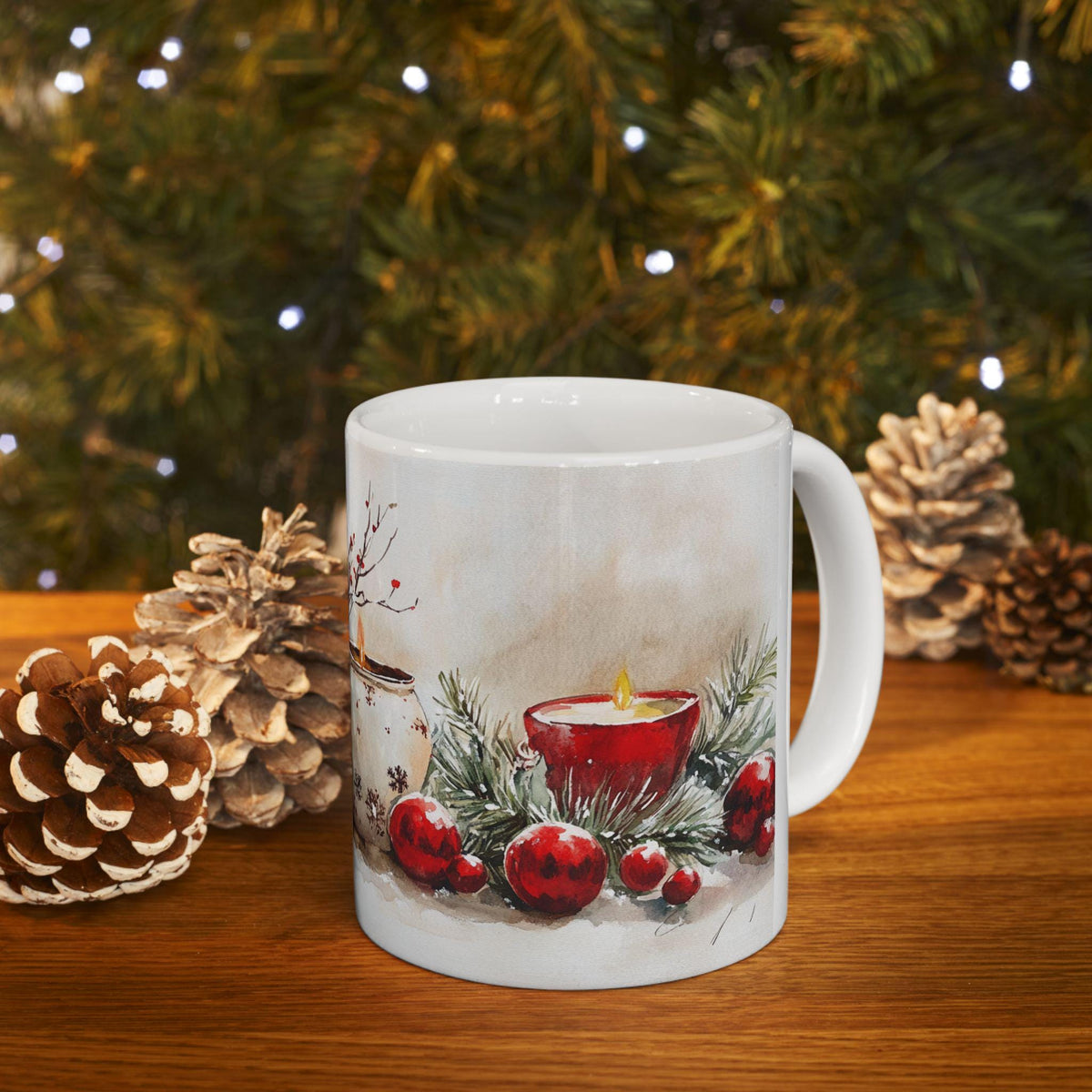 Christmas Candle Ceramic Mug, Pinecone and Ornament Design, Winter Gift (11 oz)