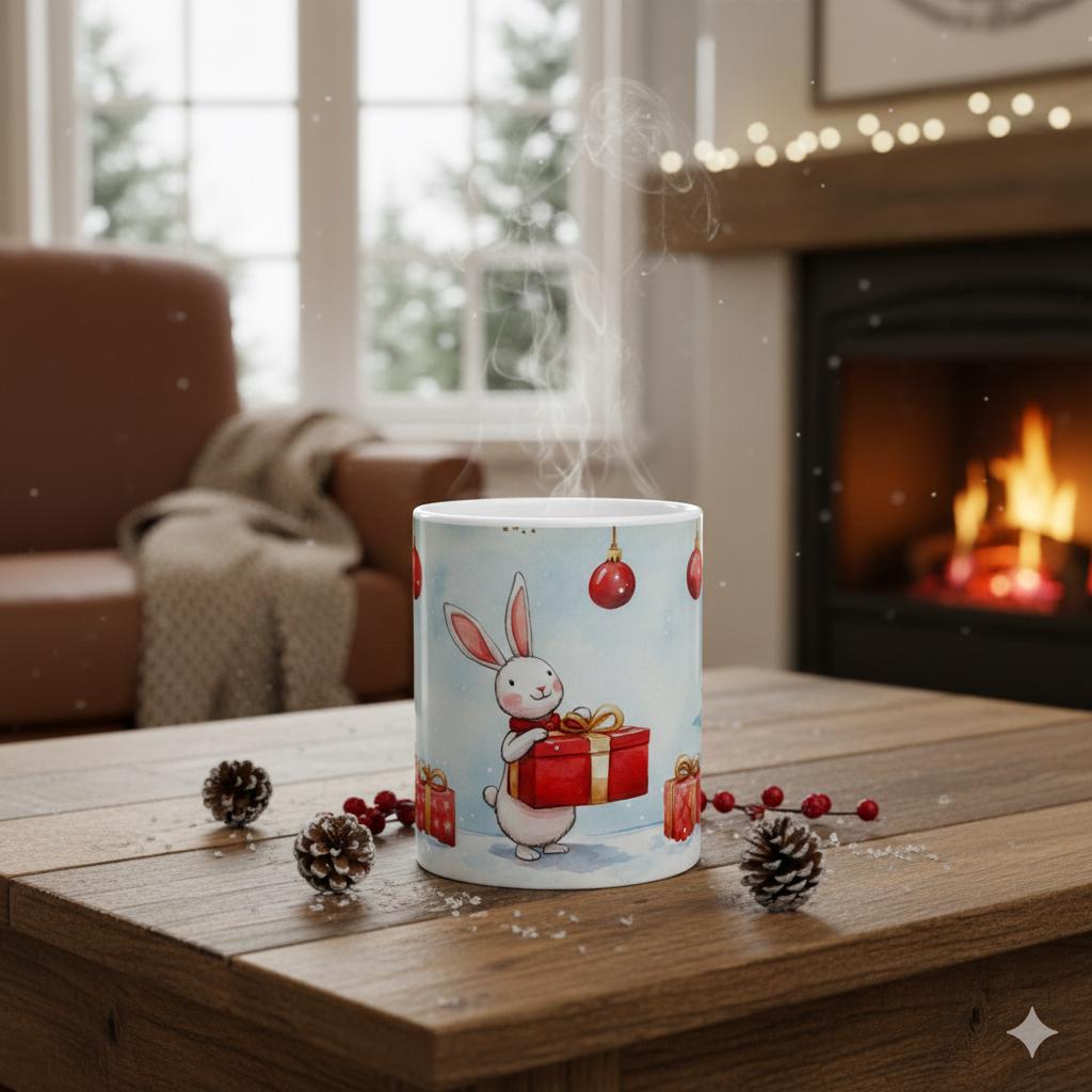 Christmas Bunny with Gifts Mug | Holiday Rabbit Ceramic Mug 11oz