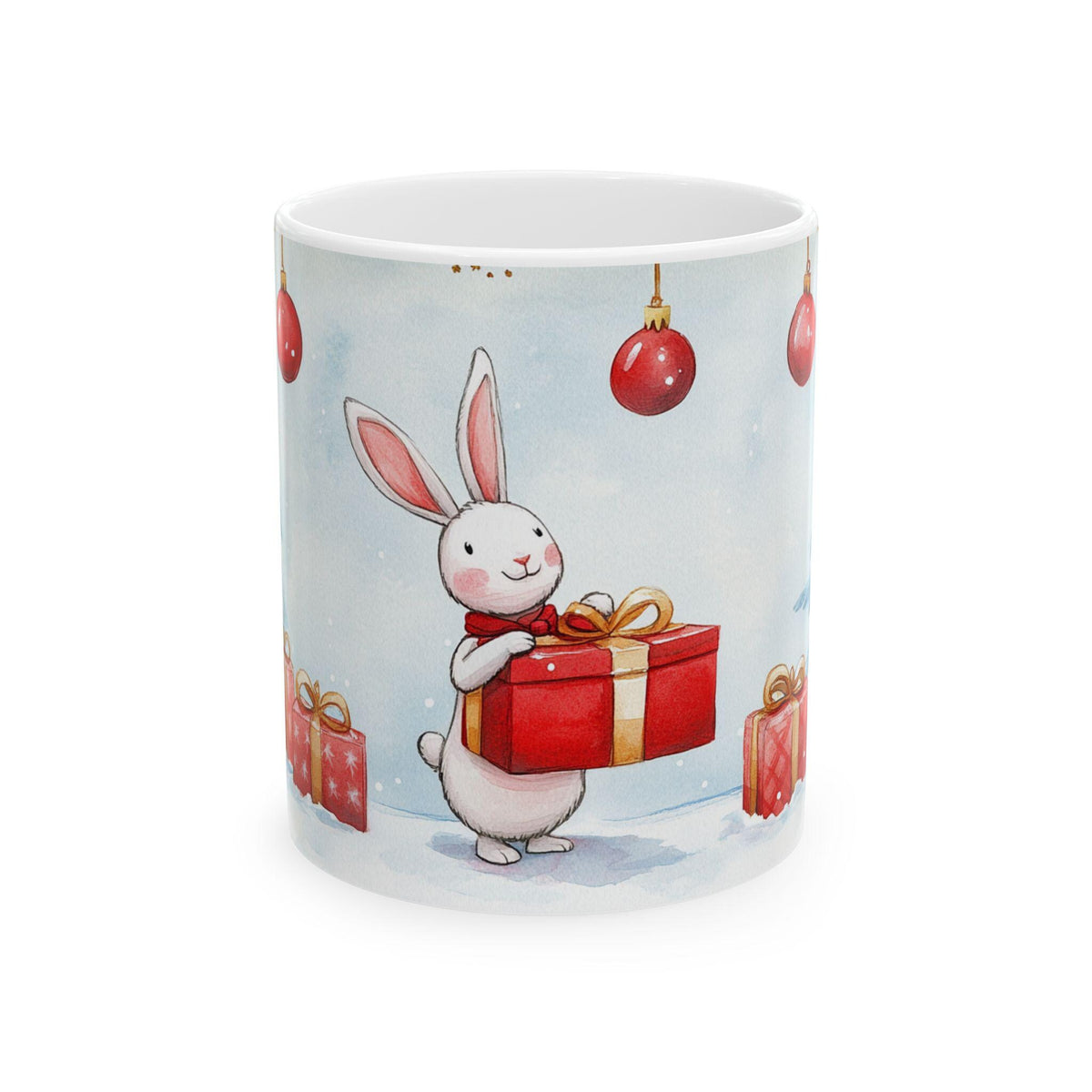 Christmas Bunny with Gifts Mug | Holiday Rabbit Ceramic Mug 11oz