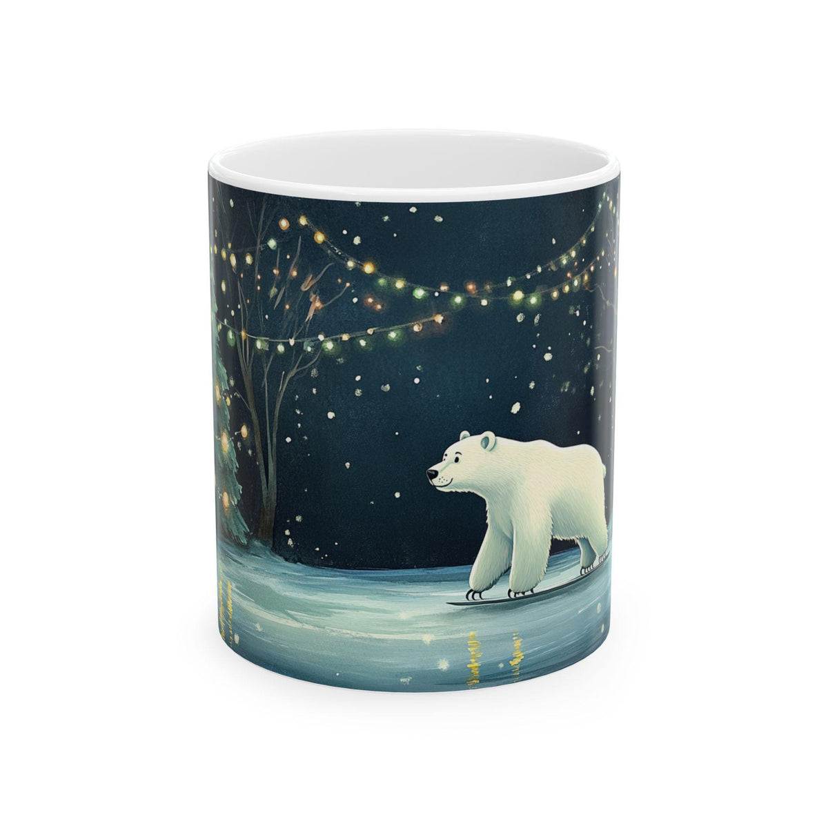 Polar Bear Winter Night Mug | Forest Lights Ceramic Coffee Cup
