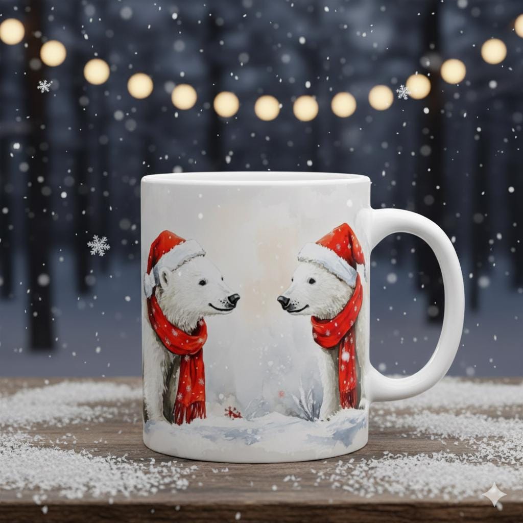 Polar Bears in Santa Hats Mug | Christmas Holiday Snow Scene 11 oz