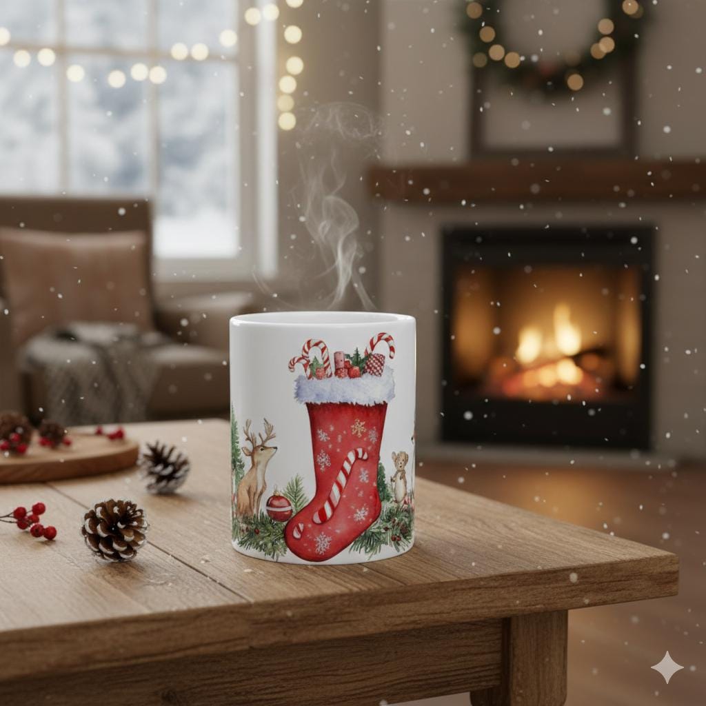 Christmas Stocking with Candy Canes Mug | Holiday Reindeer and Pine Garland Mug 11 oz