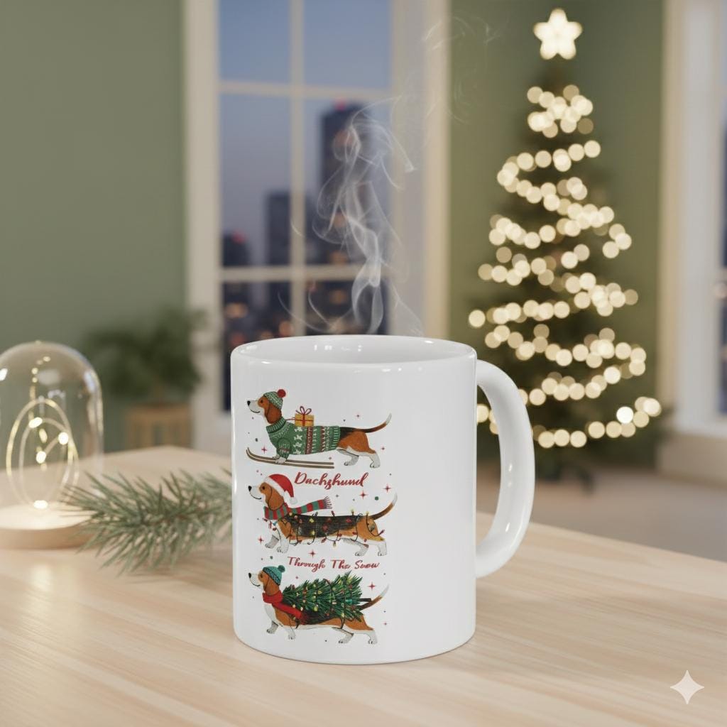 Dachshund Santa Sweater Pattern Mug | Ceramic Mug 11 oz, Christmas Dog