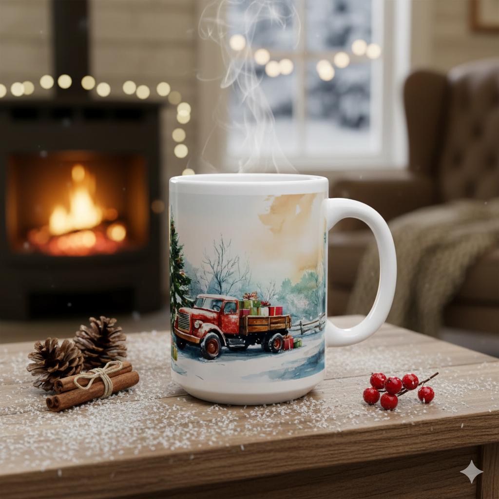 Winter Scene Ceramic Coffee Mug, Farmhouse Christmas Decor