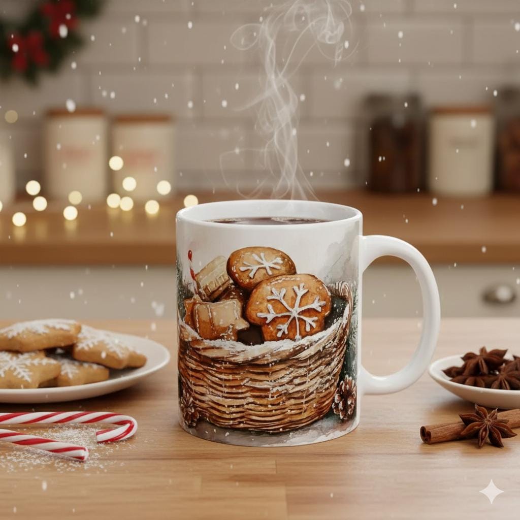 Winter Wonderland Ceramic Mug, Festive Cookie Design, Holiday Decor