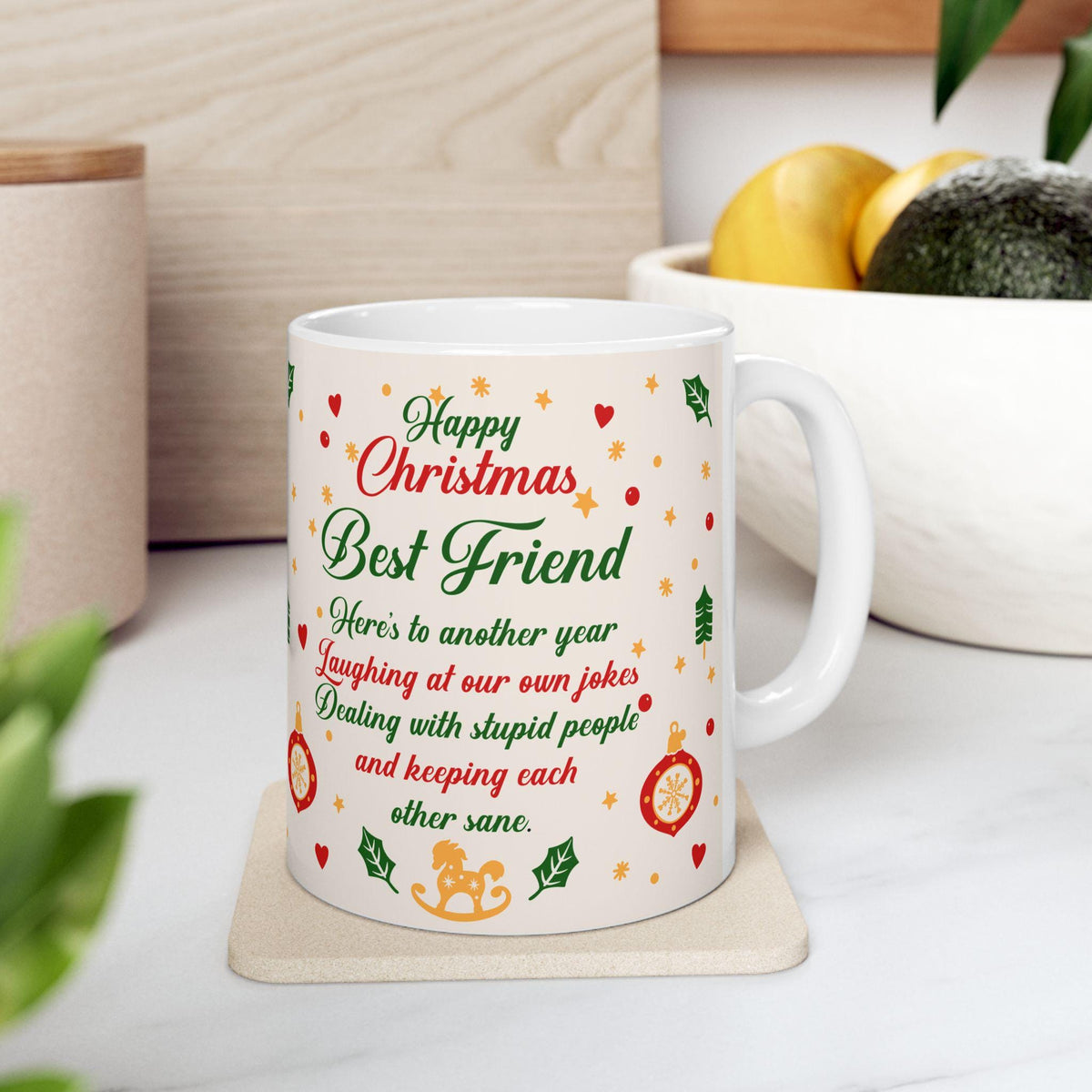 Best Friend Christmas Mug | Holiday Ornament Pattern, Festive Script 11 oz