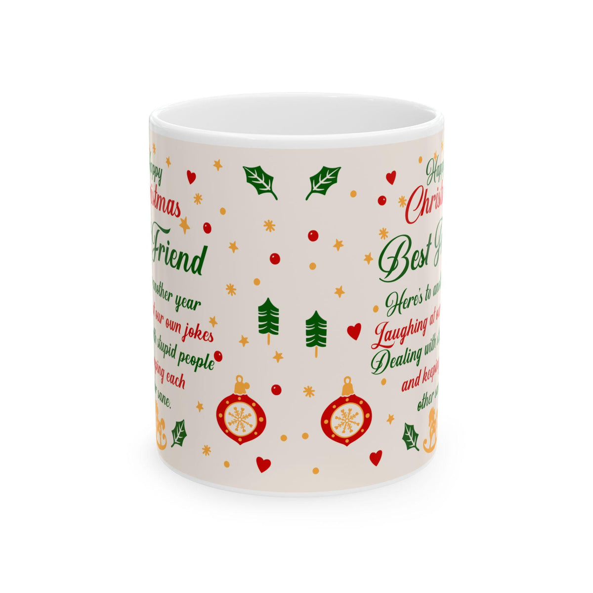 Best Friend Christmas Mug | Holiday Ornament Pattern, Festive Script 11 oz