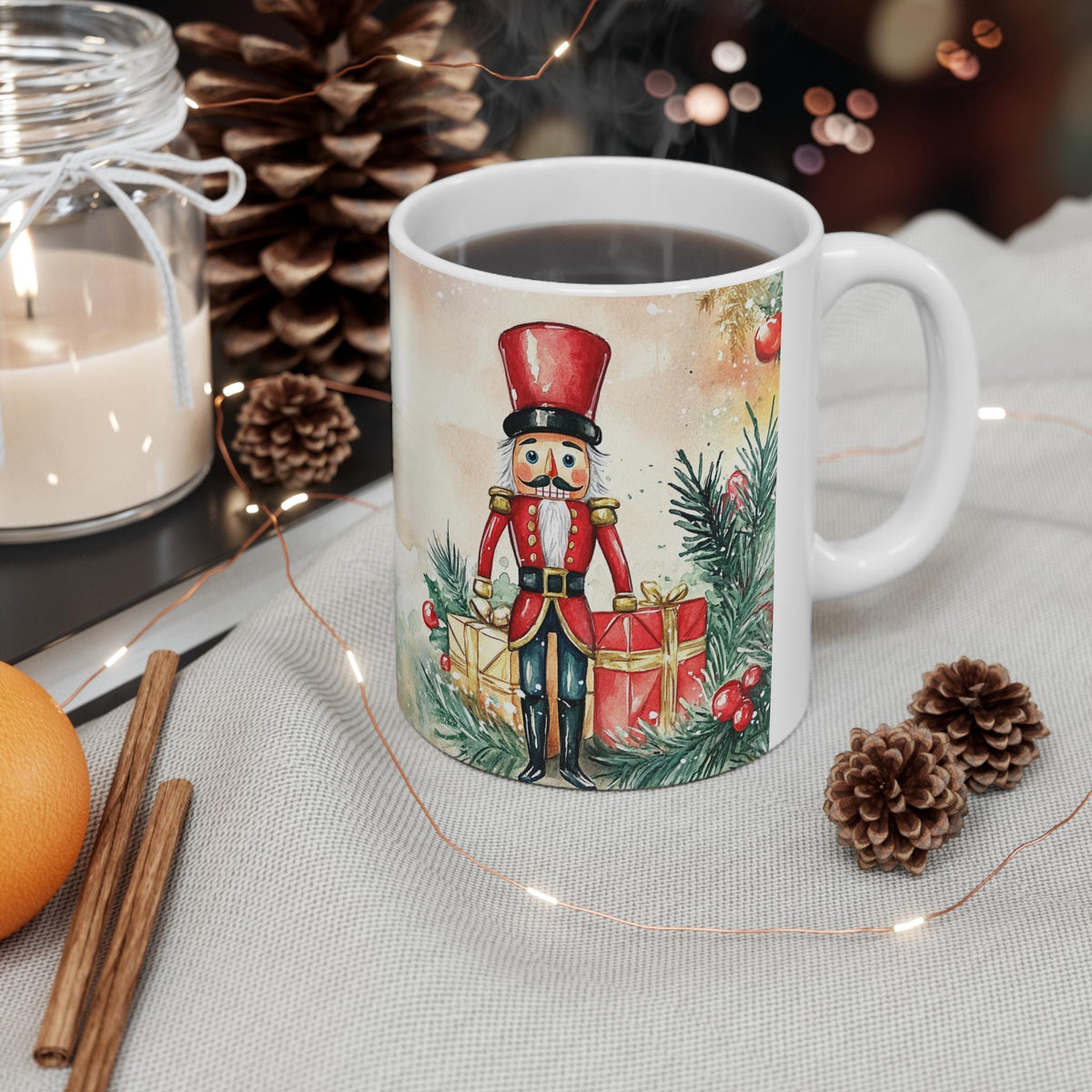 Festive Holiday Mug,Happy Holidays Nutcracker Mug,Retro Christmas Mug,Holiday Gift ,Watercolor Nutcracker Design, Friends Gift 11oz