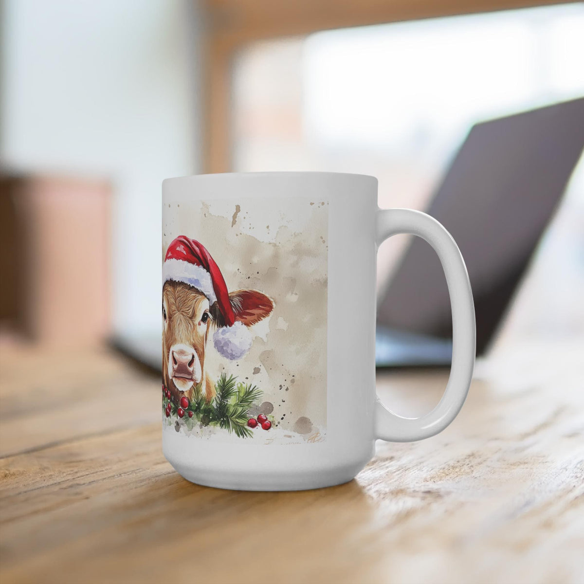 Christmas Cow Mug, Holiday Coffee Cup, Farmhouse Decor, Cute Gift for Animal Lovers, 15oz Ceramic Mug