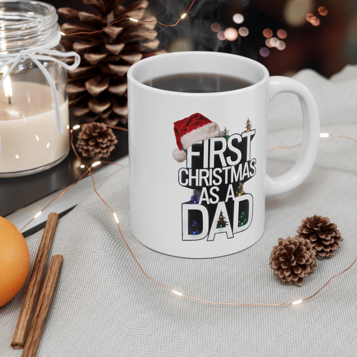 First Christmas as a Dad Mug | Holiday Santa Hat Typography 11 oz