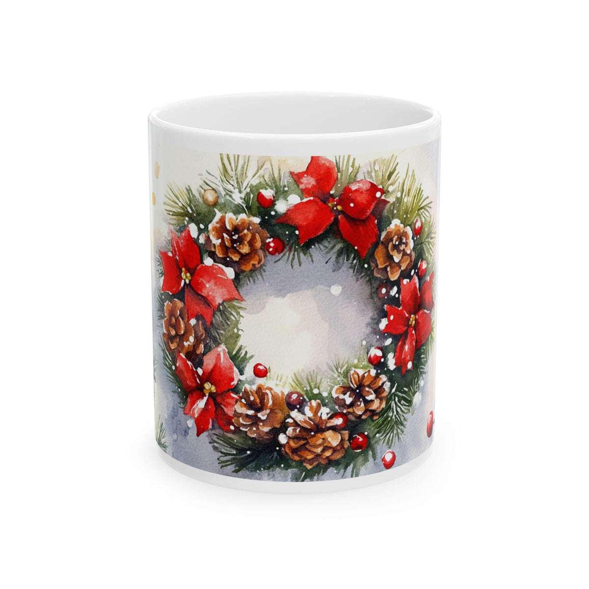 Poinsettia Pinecone Christmas Wreath Mug | Ceramic Holiday Coffee Cup 11 oz