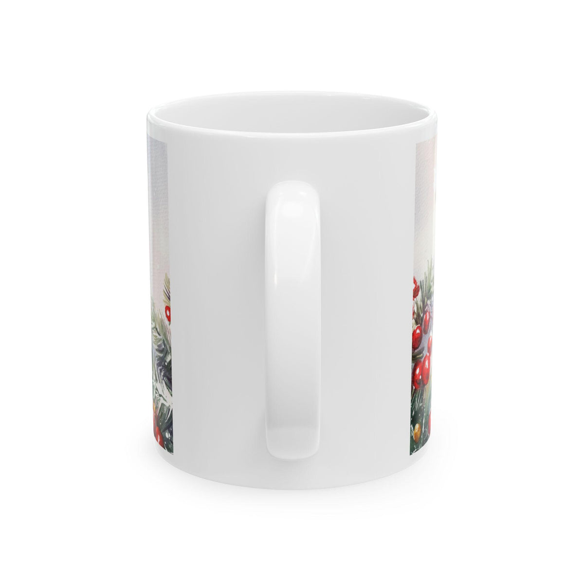 Poinsettia Pinecone Christmas Wreath Mug | Ceramic Holiday Coffee Cup 11 oz