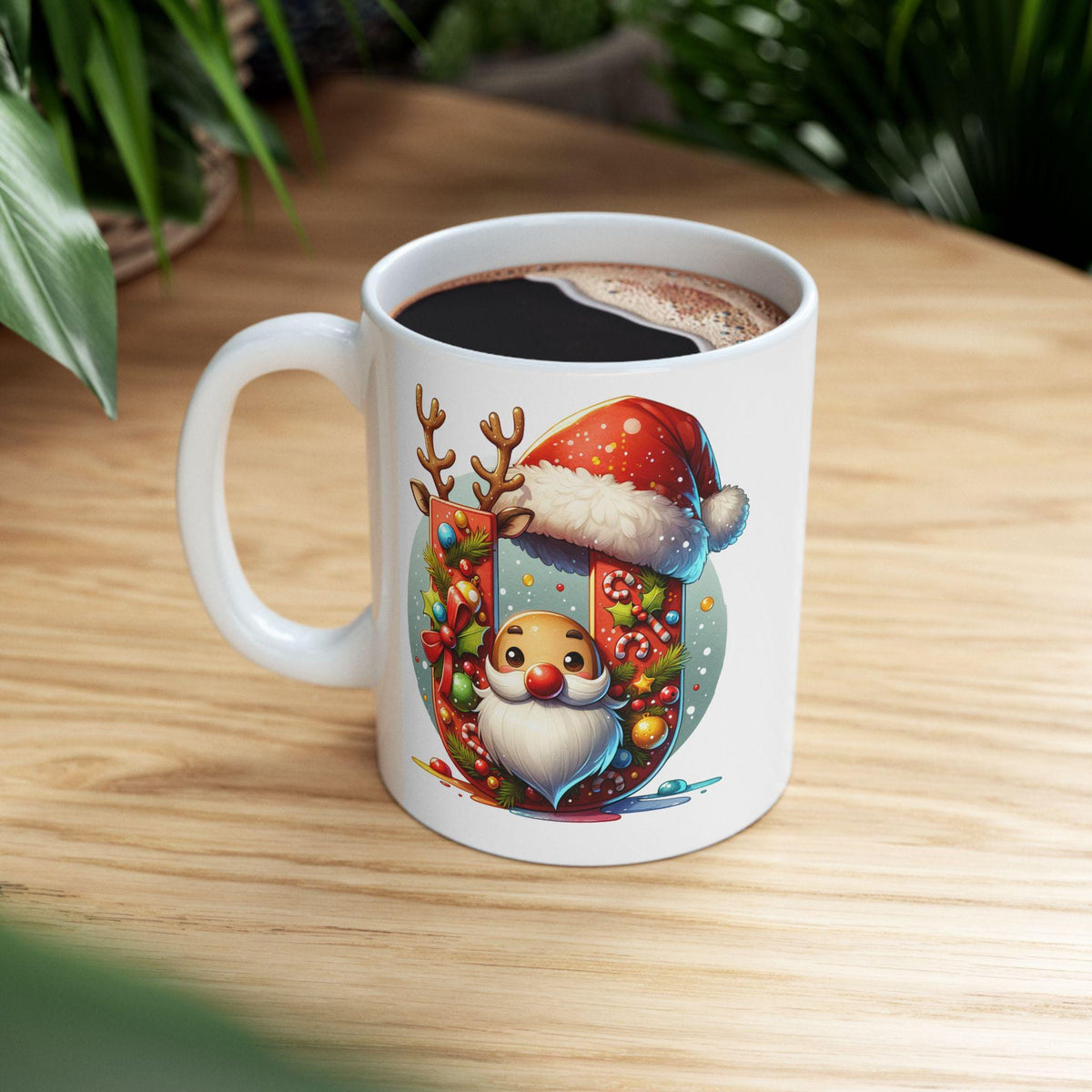 Christmas Letter U Mug, Reindeer Initial Mug, Santa Hat Monogram Cup, Holiday Personalized Gift, Festive Xmas Coffee Cup 11 oz