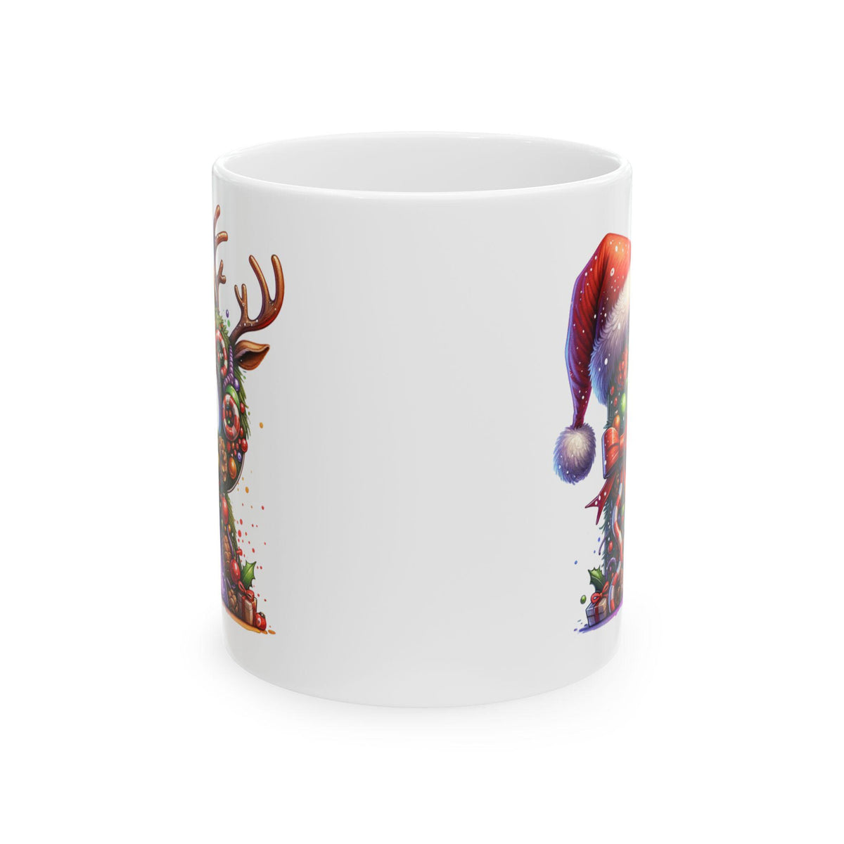 Christmas Letter R Mug | Festive Santa Hat, Wreath, Reindeer Antlers Ceramic Mug 11 oz