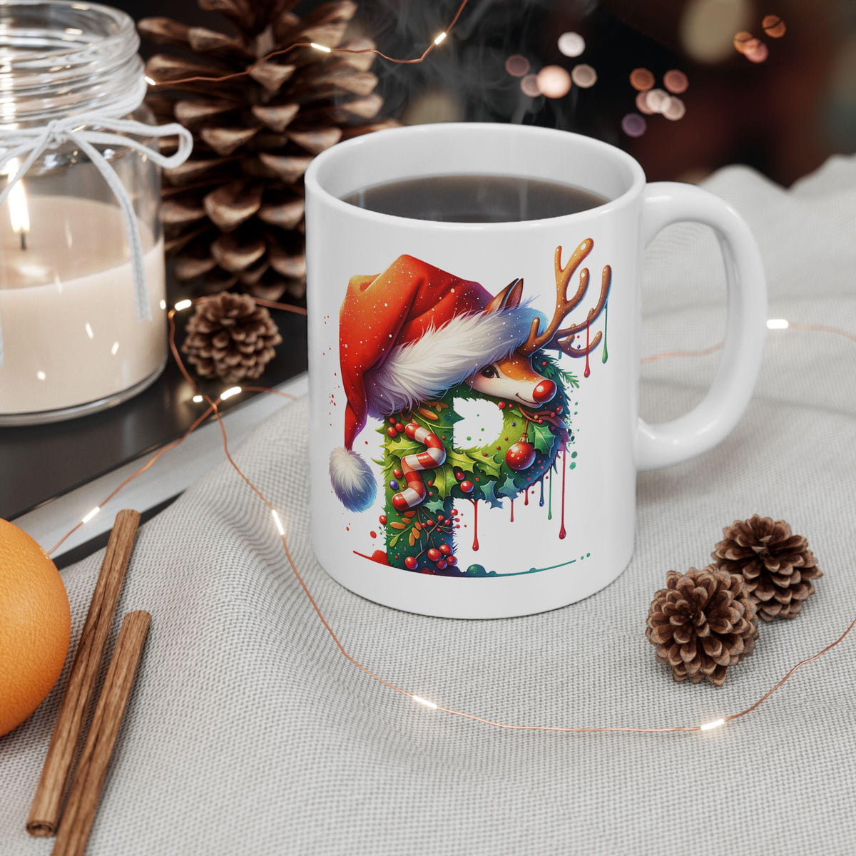 Christmas Letter P Mug, Reindeer Initial Mug, Santa Hat Monogram Cup, Holiday Personalized Gift, Festive Xmas Coffee Cup 11 oz