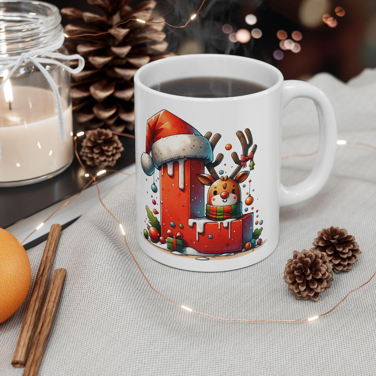 Christmas Letter L Mug, Reindeer Initial Mug, Santa Hat Monogram Cup, Holiday Personalized Gift, Festive Xmas Coffee Cup 11oz