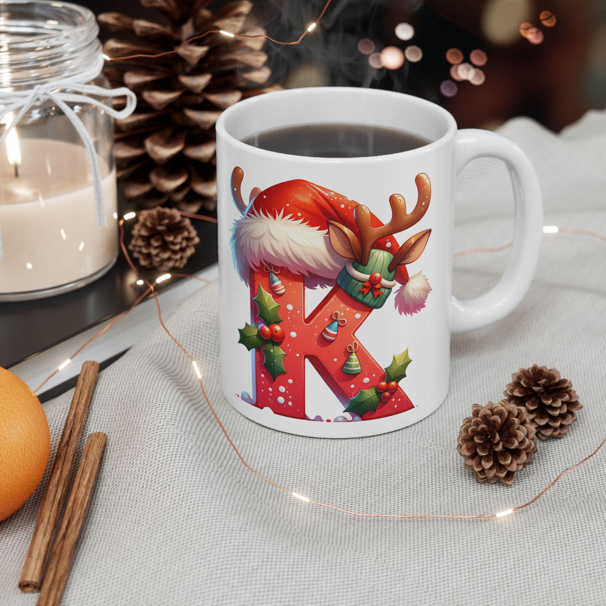 Christmas Letter K Mug, Reindeer Initial Mug, Santa Hat Monogram Cup, Holiday Personalized Gift, Festive Xmas Coffee Cup 11 oz