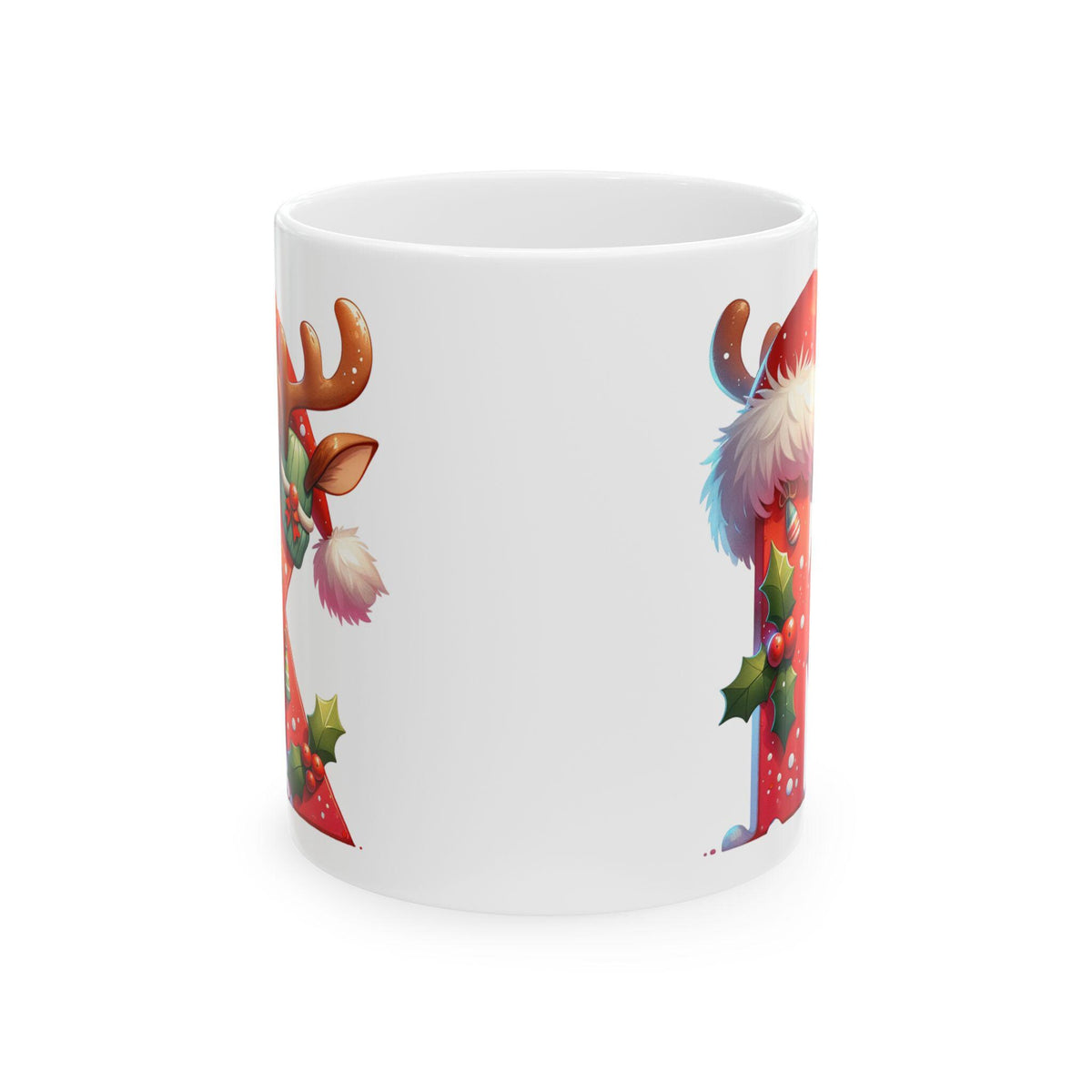 Christmas Letter K Mug, Reindeer Initial Mug, Santa Hat Monogram Cup, Holiday Personalized Gift, Festive Xmas Coffee Cup 11 oz