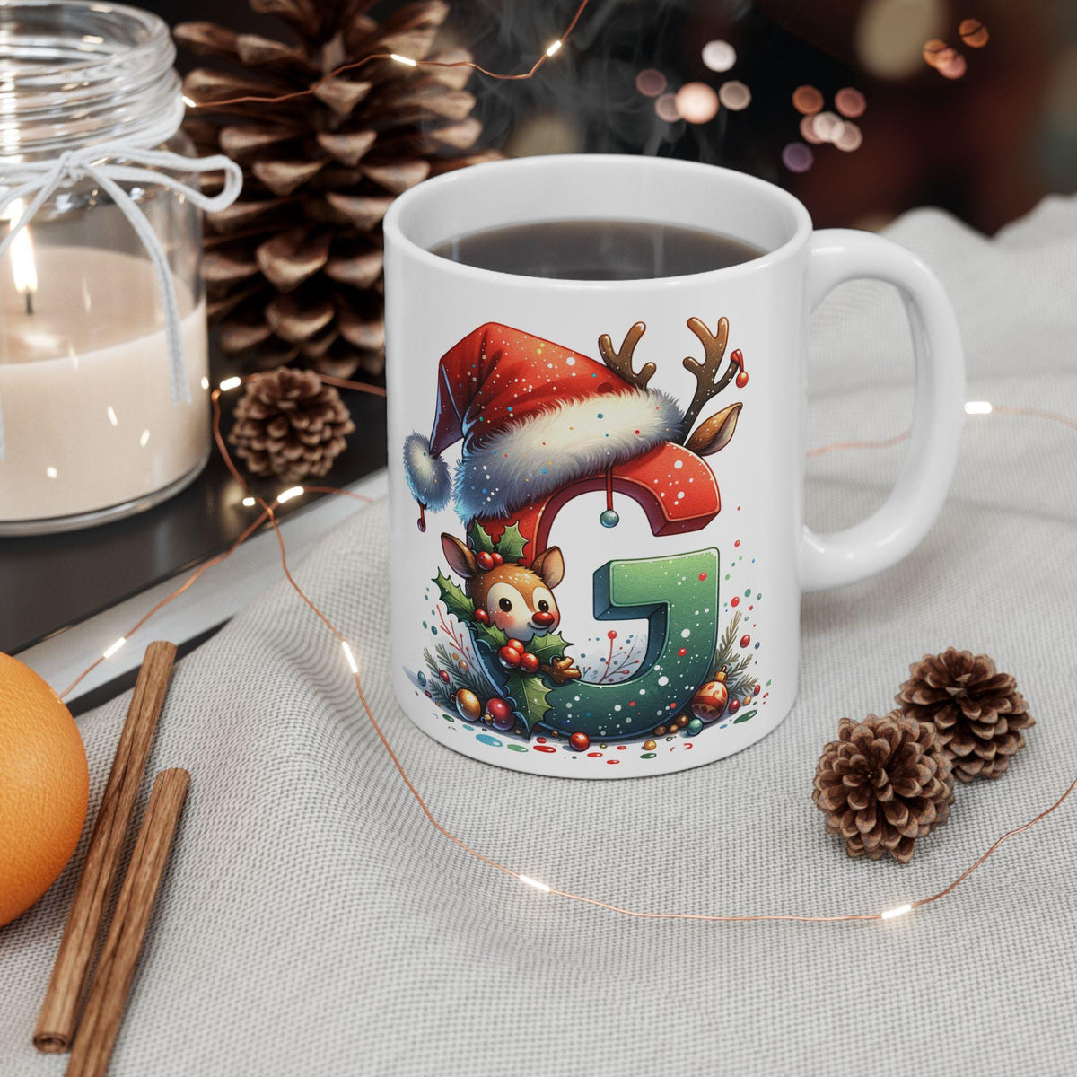 Christmas Letter G Mug, Reindeer Initial Mug, Santa Hat Monogram Cup, Personalized Alphabet Gift, Holiday Cocoa Cup 11 oz