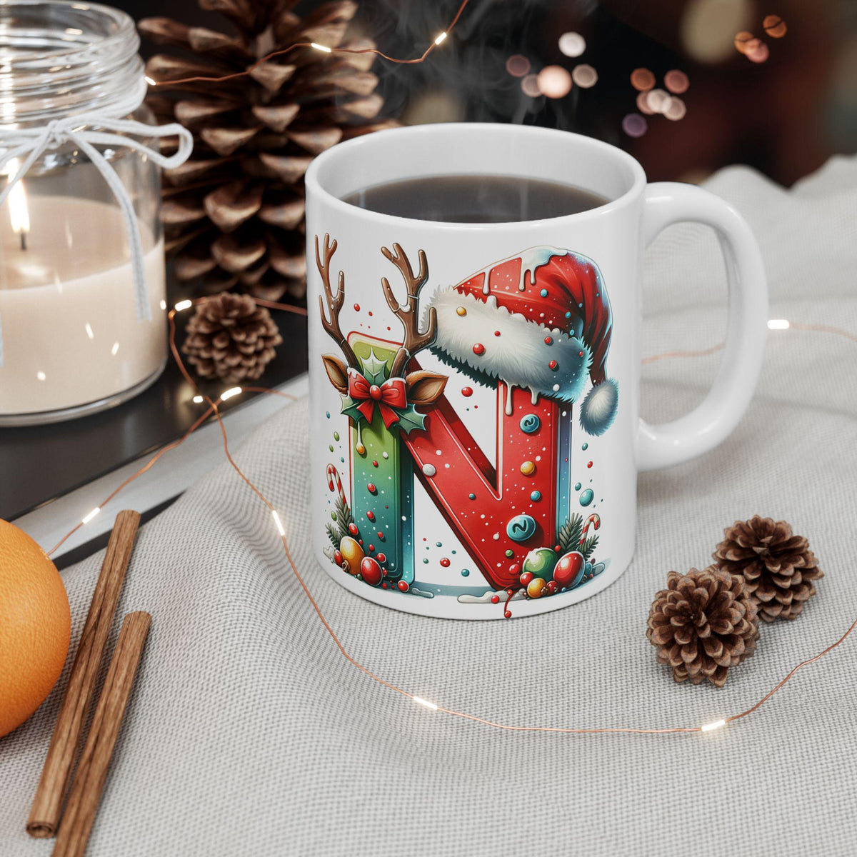 Christmas Letter N Monogram Mug | Holiday Santa Hat Reindeer Initial Mug 11 oz