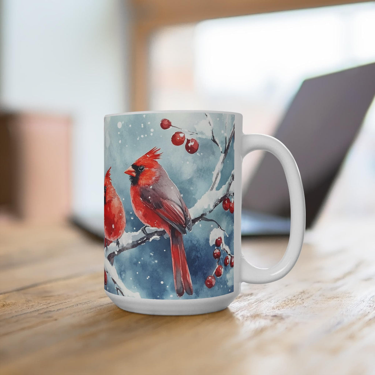Winter Cardinal Mug | 15oz Coffee Cup for Holiday Cheer, Seasonal Gift, Bird Lover's Mug, Home Decor, Cozy Beverage