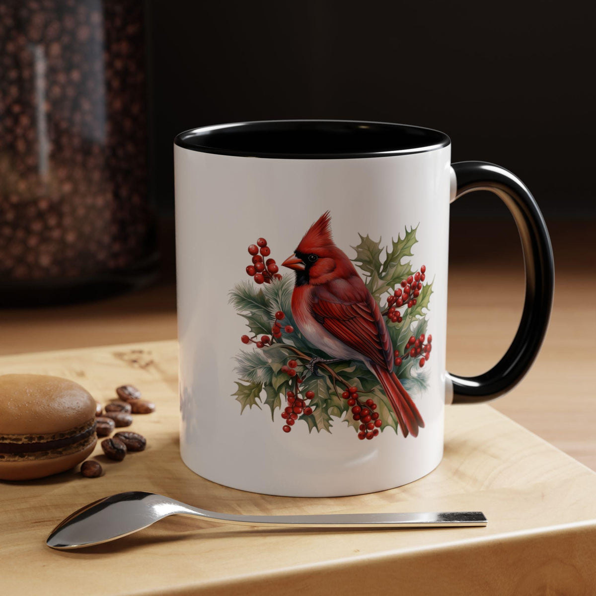 Cardinal on Holly Accent Coffee Mug  Red Cardinal Mug 11oz