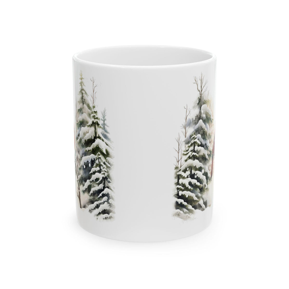 Snowy Pine Trees Mug  Winter Cabin Coffee Cup Red Cardinal  Mug 11 oz