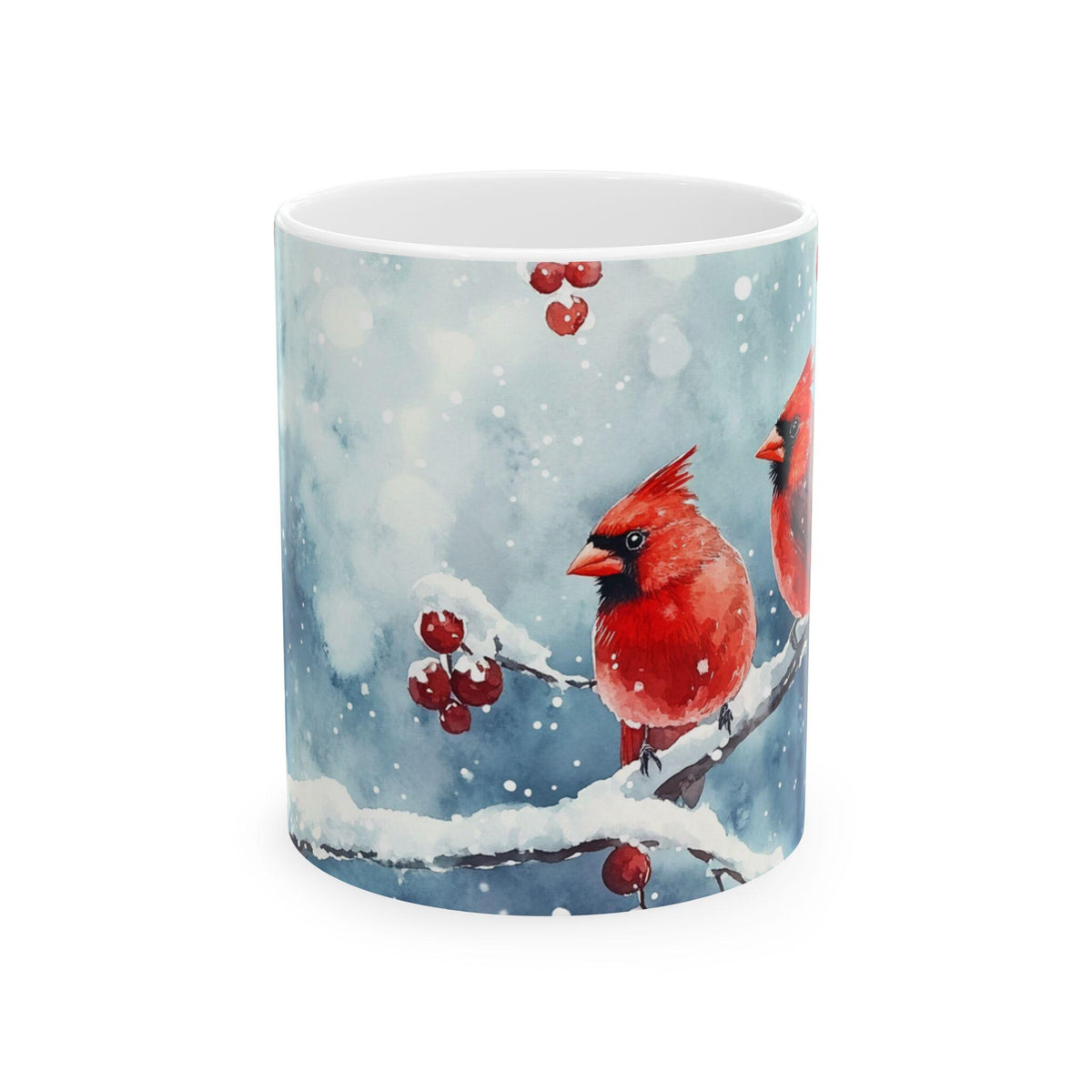 Red Cardinal Birds on Snowy Branch Mug , Winter Bird Coffee Cup 11 oz,  Christmas Gift