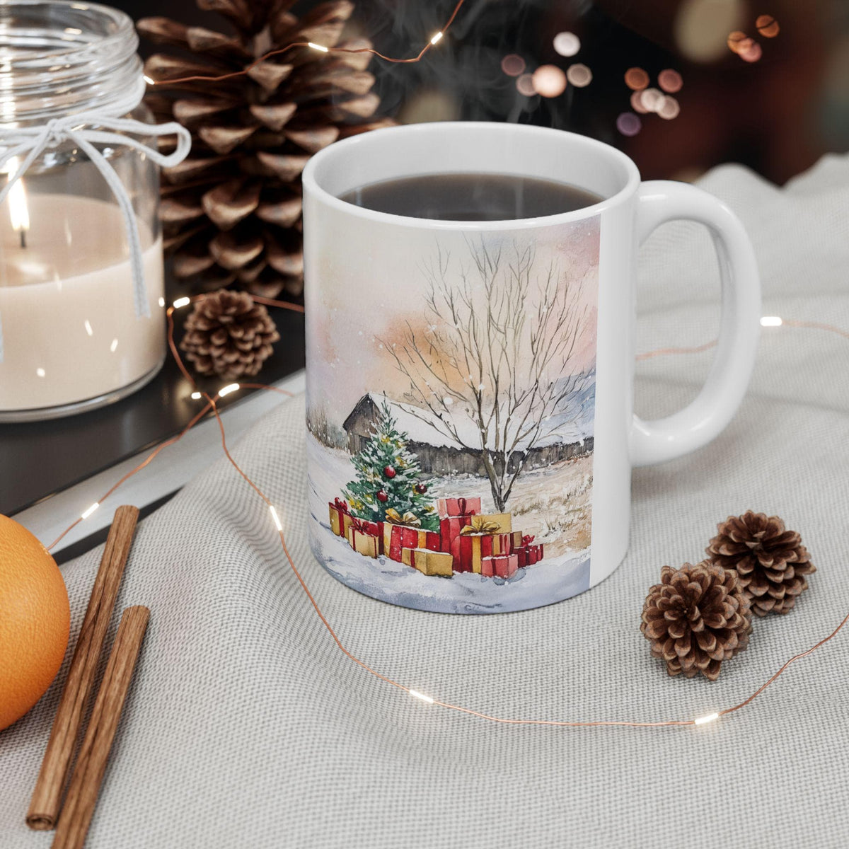 Vintage Red Truck Christmas Scene Mug | Holiday Snowy Landscape Ceramic Mug 11 oz