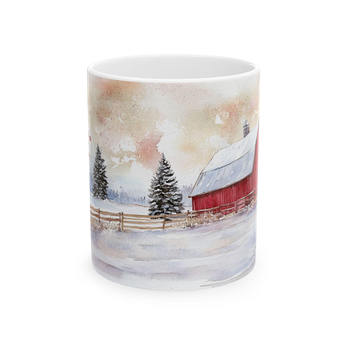 Winter Red Barn Scene Mug | Snowy Farmhouse Landscape Ceramic Mug 11 oz