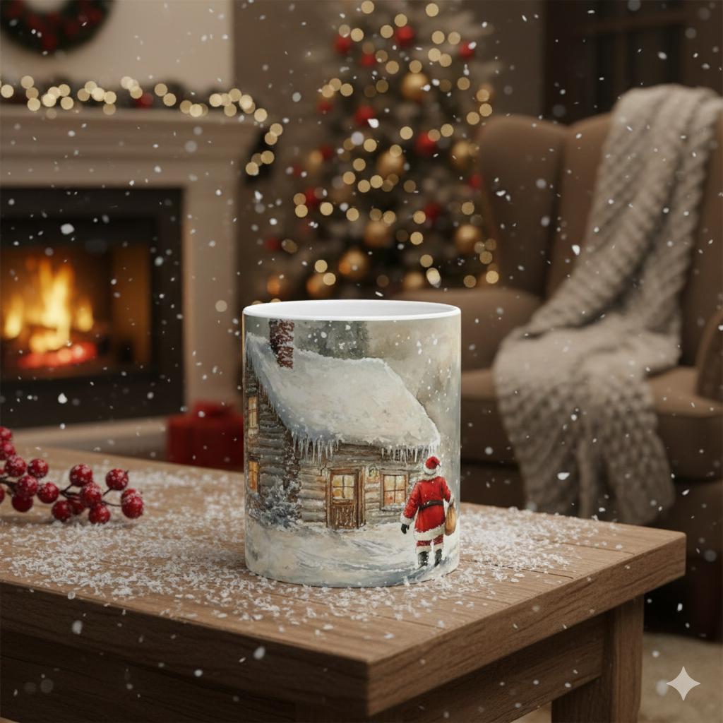 Santa by Snowy Cabin Mug | Christmas Winter Scene, Ceramic Coffee Cup 11oz