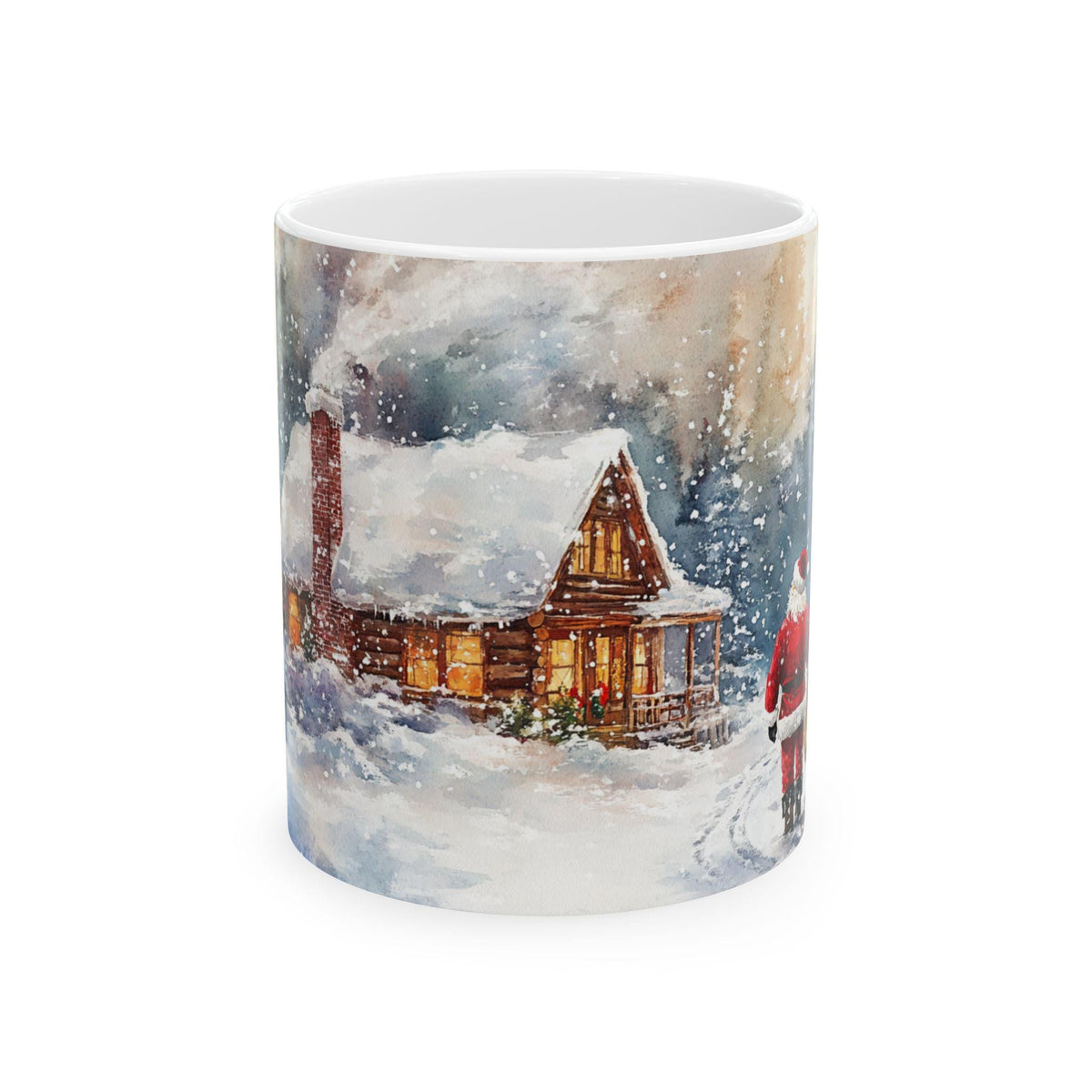 Snowy Cabin with Santa Claus Mug | Christmas Winter Scene Ceramic Mug 11 oz