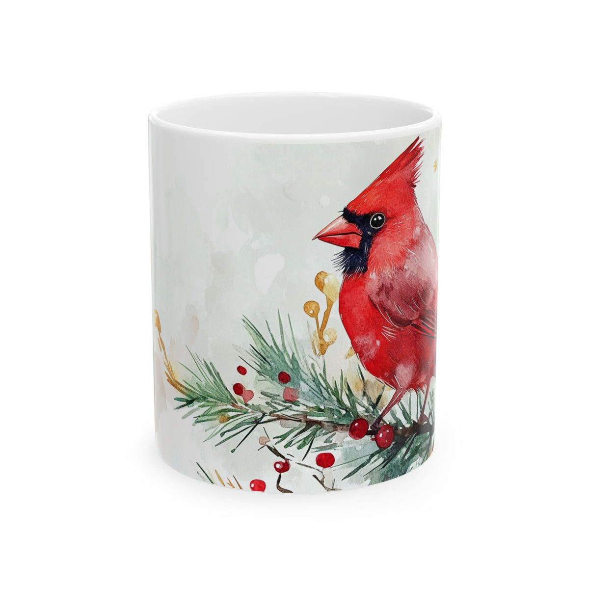 Watercolor Northern Cardinal on Pine Branch Mug | Winter Holiday Bird 11 oz