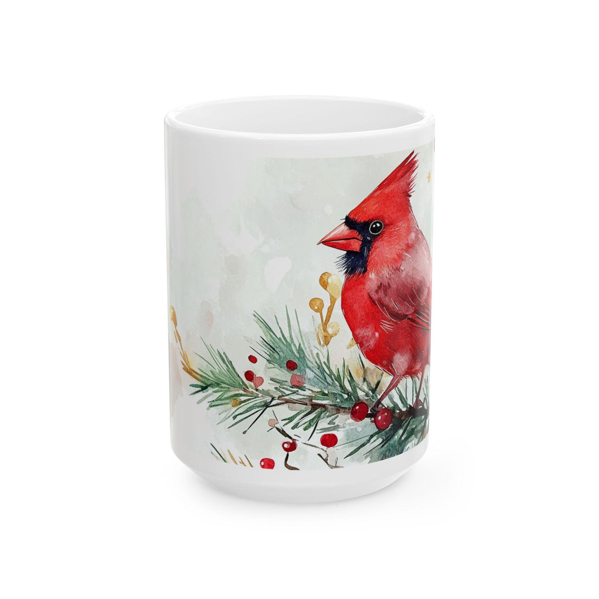 Red Cardinal on Pine Branch Mug | Christmas Winter Bird Ceramic Mug 15 oz