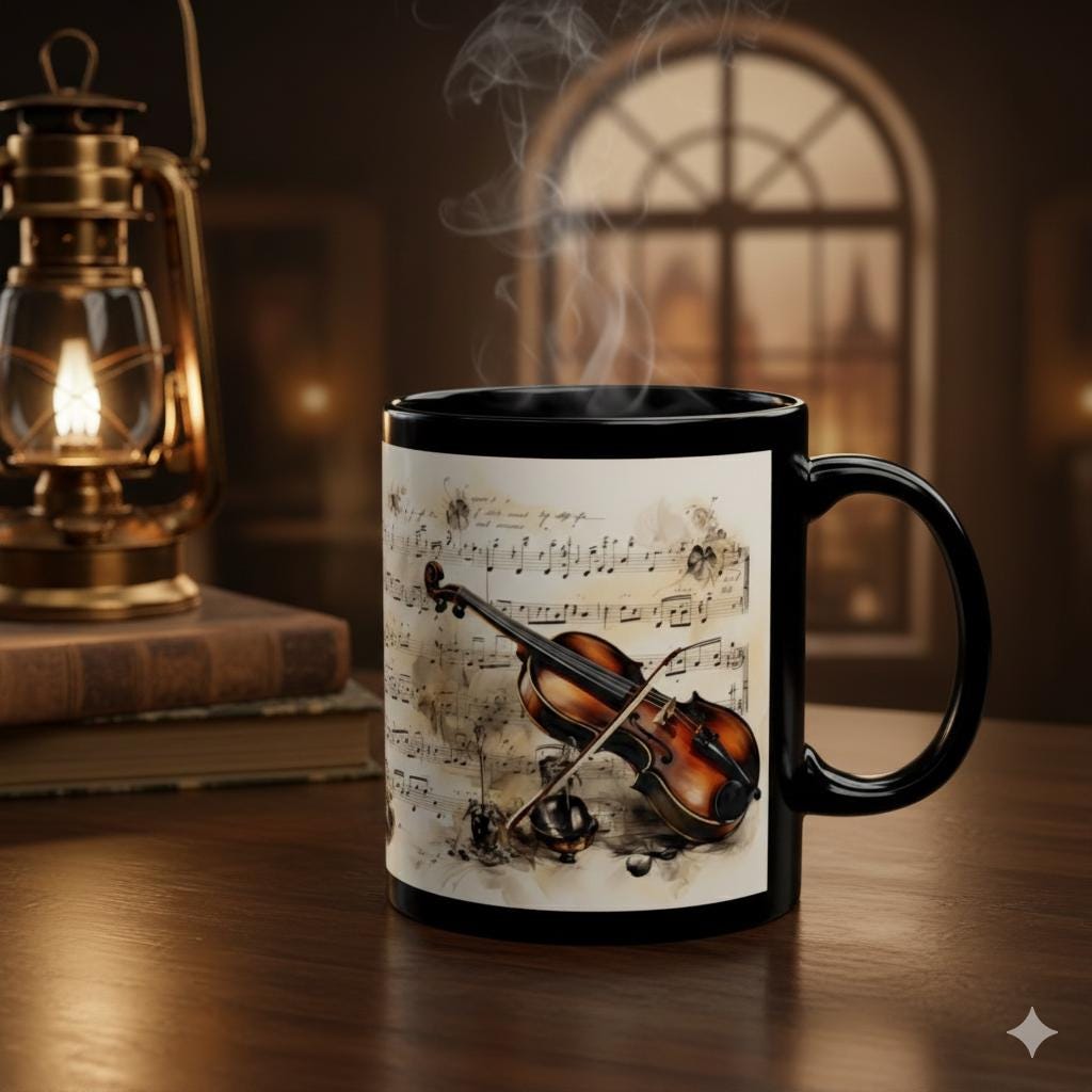 Violin Sheet Music Mug | Black Ceramic Coffee Cup 11 oz