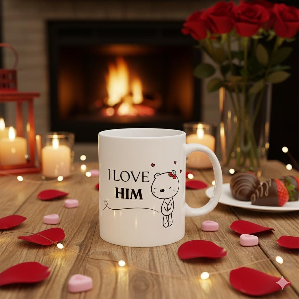 Valentine Mug,I Love Him Mug, Romantic Bear Coffee Mug, Valentines Day Gift for Girlfriend, Cute Love Mug 11 oz