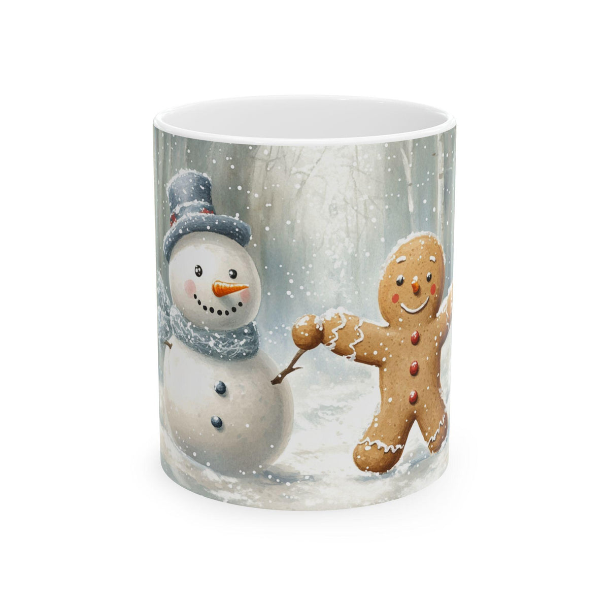 Snowman and Gingerbread Mug | Winter Snowy Forest Ceramic Mug 11 oz